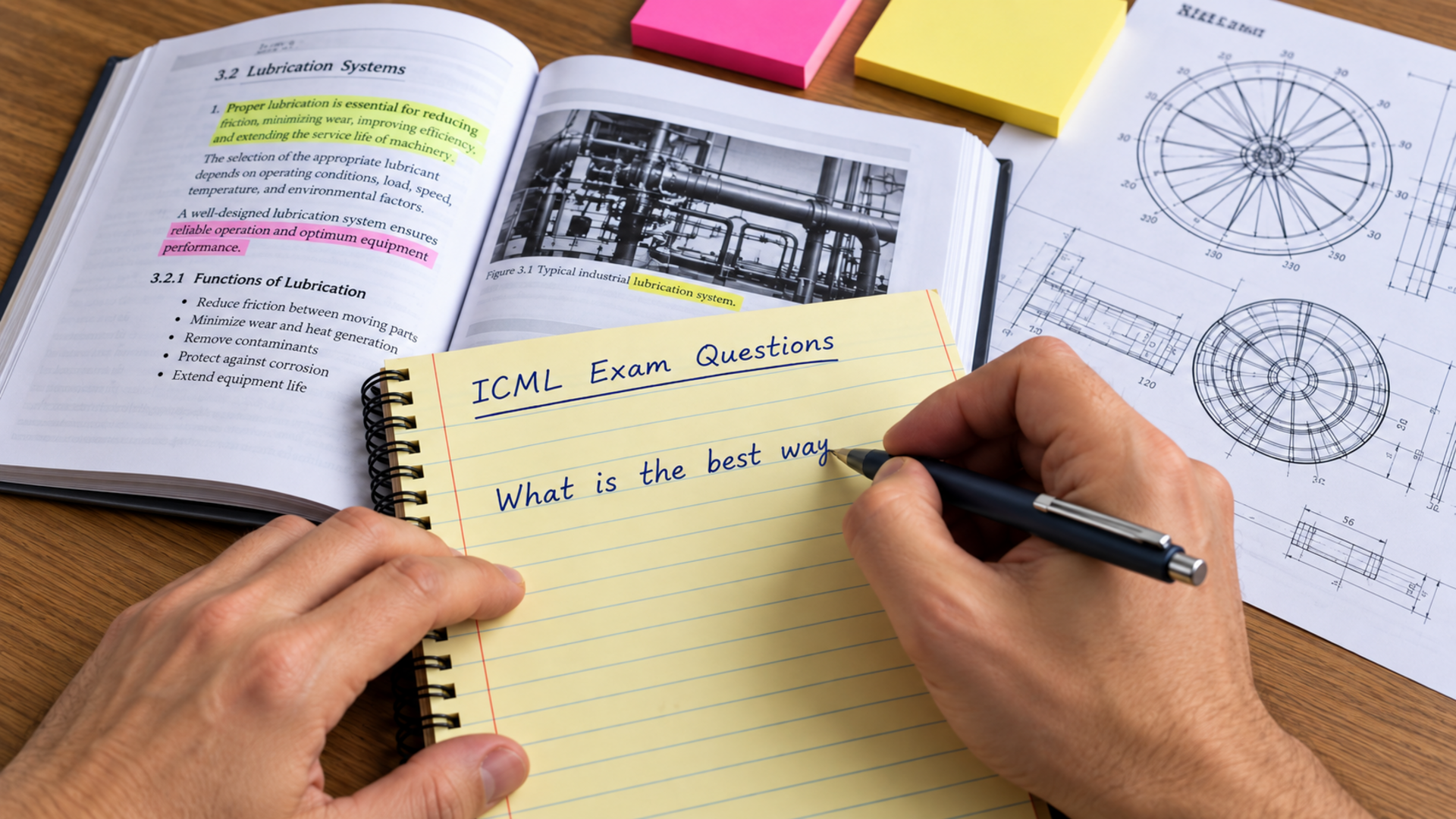 Hands writing ICML exam questions in a notebook